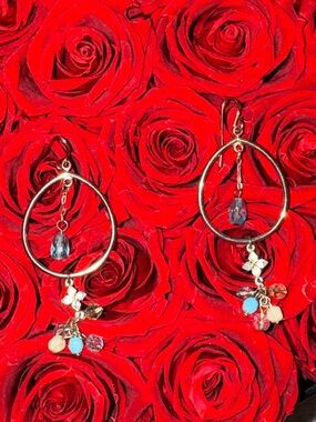 Boho Gold Hoop Charm Earrings | Cross Accent + Blue Crystal & Beaded Dangles